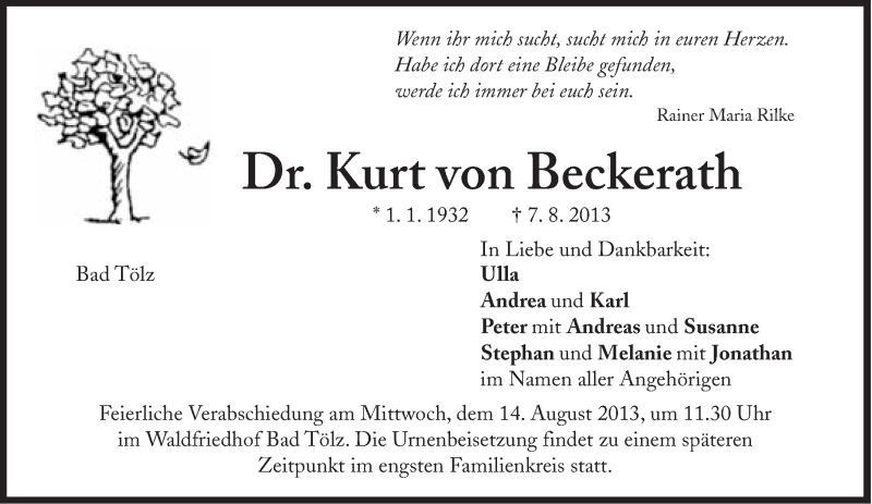  Traueranzeige für Kurt von Beckerath vom 10.08.2013 aus Süddeutsche Zeitung