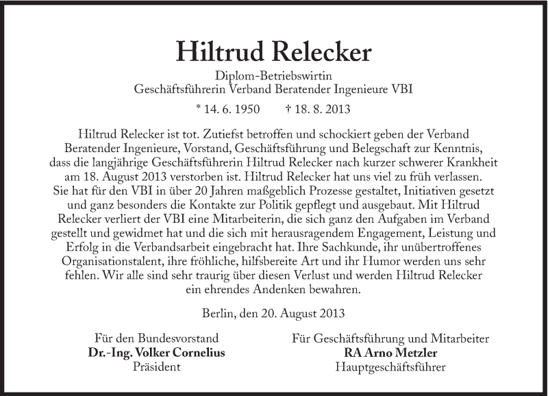  Traueranzeige für Hiltrud Relecker vom 22.08.2013 aus Süddeutsche Zeitung