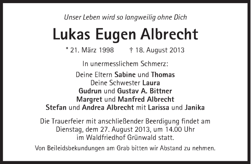  Traueranzeige für Lukas Eugen Albrecht vom 24.08.2013 aus Süddeutsche Zeitung