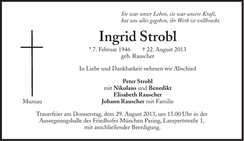 Traueranzeigen Von Ingrid Strobl Sz Gedenken De