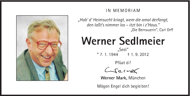  Traueranzeige für Werner Sedlmeier vom 31.08.2013 aus Süddeutsche Zeitung
