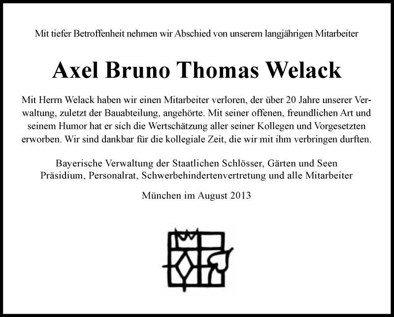  Traueranzeige für Axel Bruno Thomas Welack vom 31.08.2013 aus Süddeutsche Zeitung