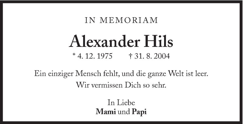  Traueranzeige für Alexander Hils vom 31.08.2013 aus Süddeutsche Zeitung