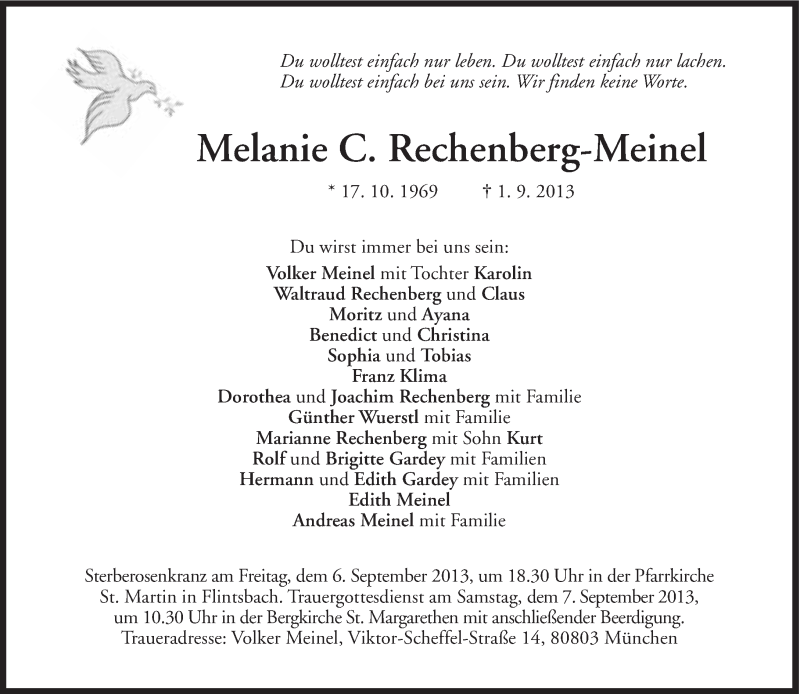 Traueranzeige für Melanie Rechenberg-Meinel vom 04.09.2013 aus Süddeutsche Zeitung