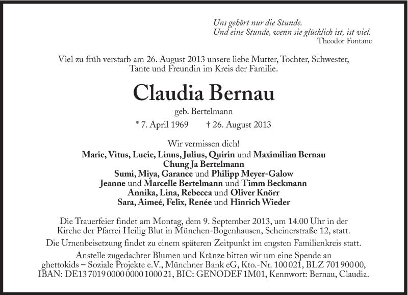  Traueranzeige für Claudia Bernau vom 06.09.2013 aus Süddeutsche Zeitung