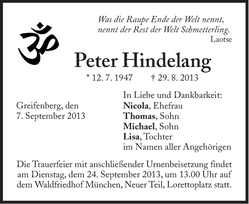  Traueranzeige für Peter Hindelang vom 07.09.2013 aus Süddeutsche Zeitung