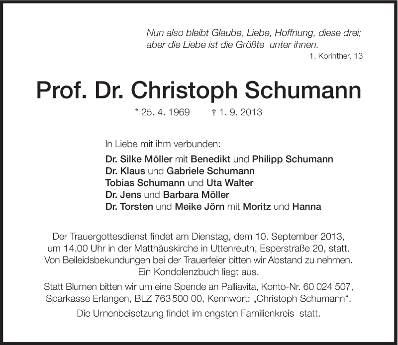  Traueranzeige für Christoph Schumann vom 06.09.2013 aus Süddeutsche Zeitung