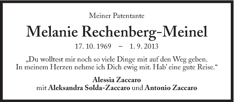  Traueranzeige für Melanie Rechenberg-Meinel vom 06.09.2013 aus Süddeutsche Zeitung