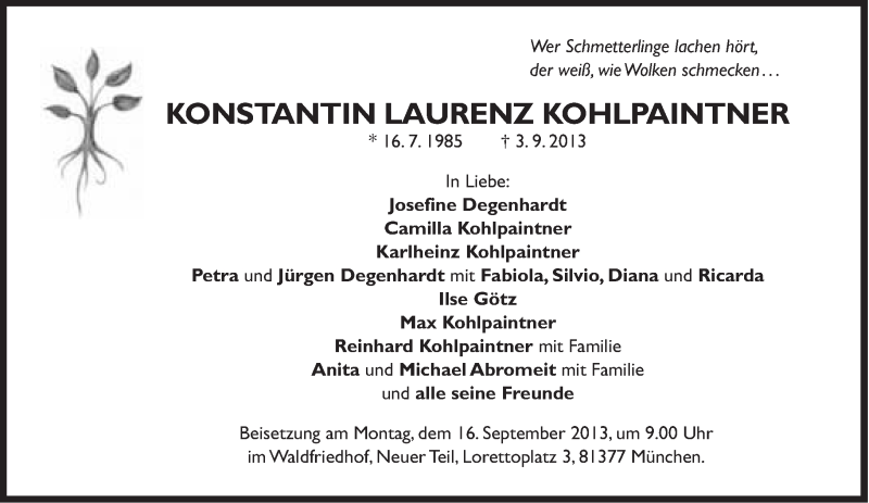  Traueranzeige für Konstantin Laurenz  Kohlpaintner vom 12.09.2013 aus Süddeutsche Zeitung