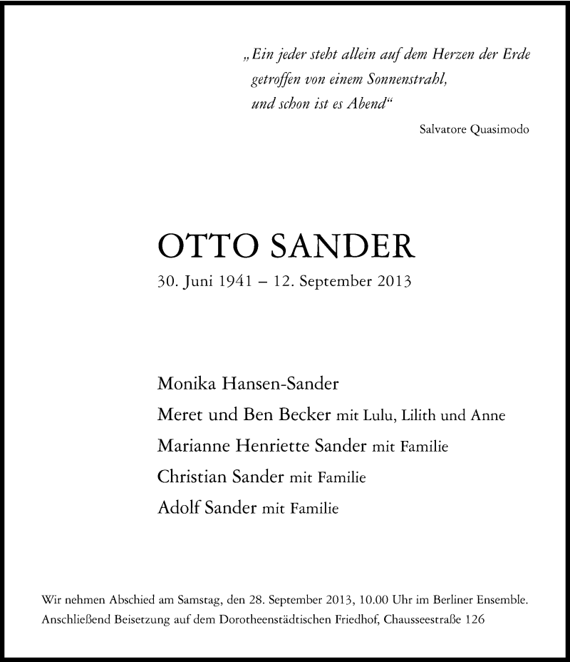  Traueranzeige für Otto Sander vom 21.09.2013 aus Süddeutsche Zeitung