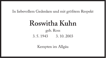 Traueranzeigen Von Roswitha Kuhn Sz Gedenken De