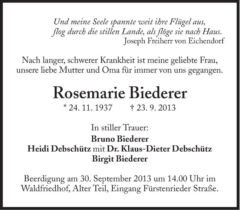  Traueranzeige für Rosemarie Biederer vom 28.09.2013 aus Süddeutsche Zeitung