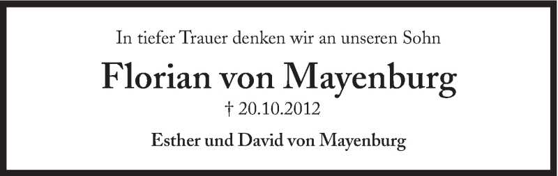  Traueranzeige für Florian von Mayenburg vom 19.10.2013 aus Süddeutsche Zeitung