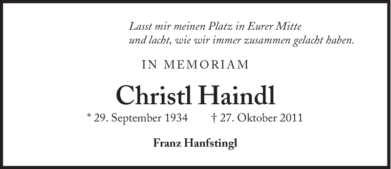  Traueranzeige für Christl Haindl vom 26.10.2013 aus Süddeutsche Zeitung