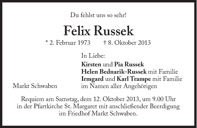  Traueranzeige für Felix Russek vom 11.10.2013 aus Süddeutsche Zeitung