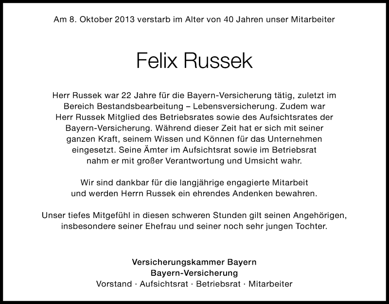 Traueranzeige für Felix Russek vom 11.10.2013 aus Süddeutsche Zeitung