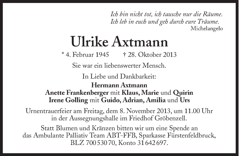 Traueranzeigen Von Ulrike Axtmann SZ Gedenken De