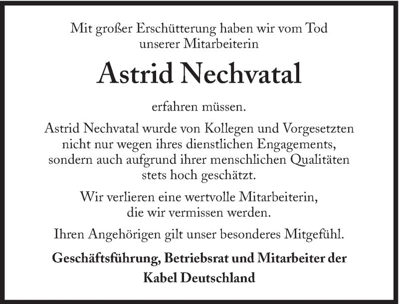  Traueranzeige für Astrid Nechvatal vom 09.11.2013 aus Süddeutsche Zeitung