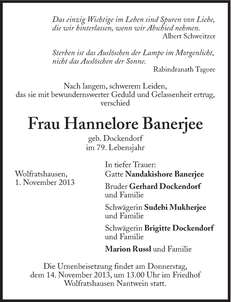  Traueranzeige für Hannelore Banerjee vom 12.11.2013 aus Süddeutsche Zeitung