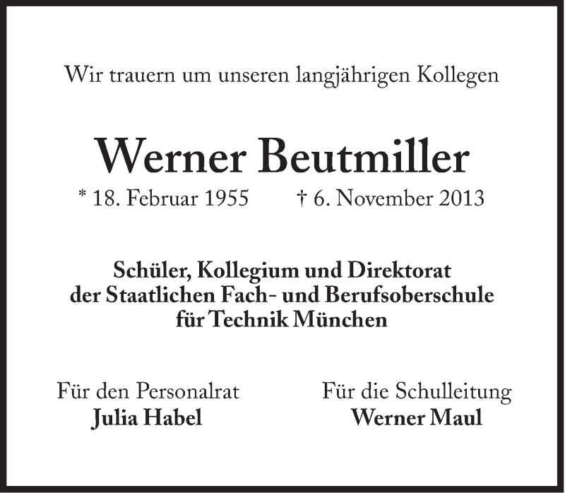  Traueranzeige für Werner Beutmiller vom 08.11.2013 aus Süddeutsche Zeitung