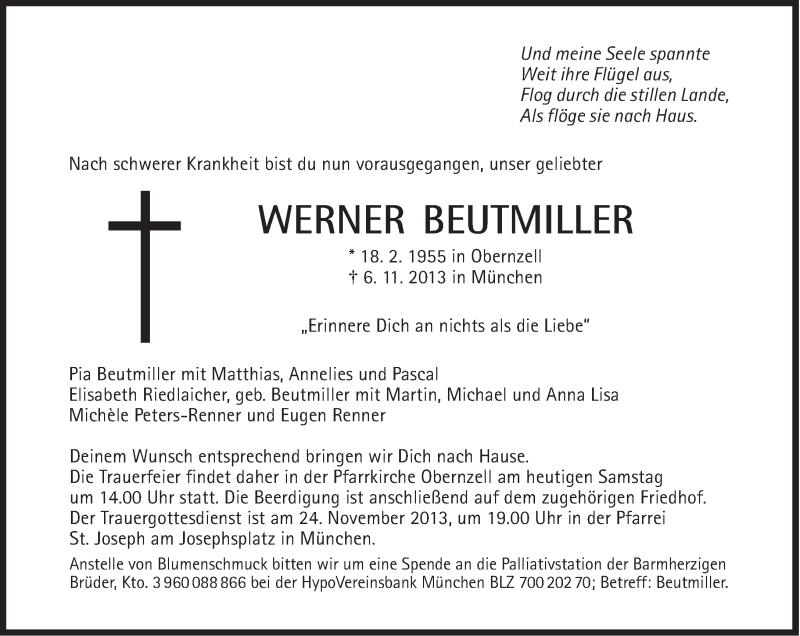  Traueranzeige für Werner Beutmiller vom 09.11.2013 aus Süddeutsche Zeitung