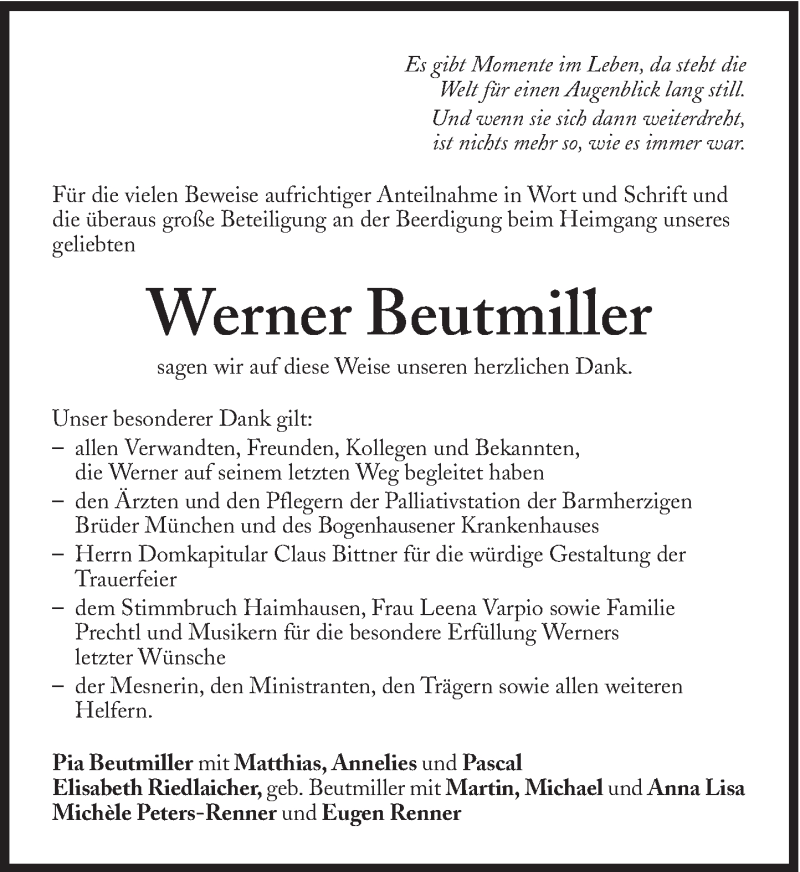  Traueranzeige für Werner Beutmiller vom 15.11.2013 aus Süddeutsche Zeitung