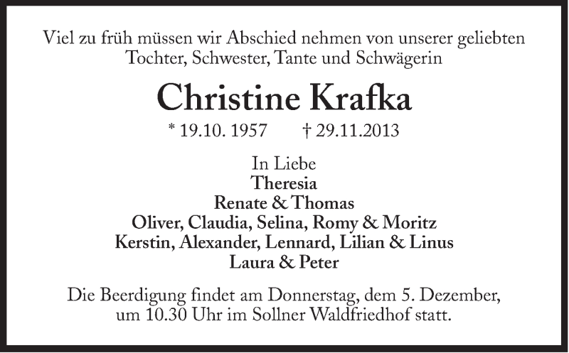  Traueranzeige für Christine Krafka vom 04.12.2013 aus Süddeutsche Zeitung