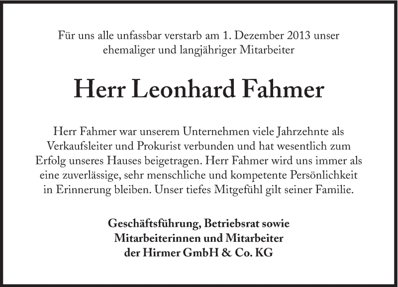 Traueranzeigen Von Leonhard Fahmer SZ Gedenken De