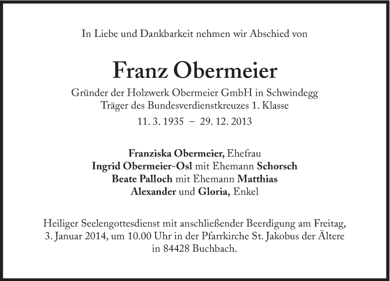 Traueranzeigen Von Franz Obermeier Sz Gedenken De