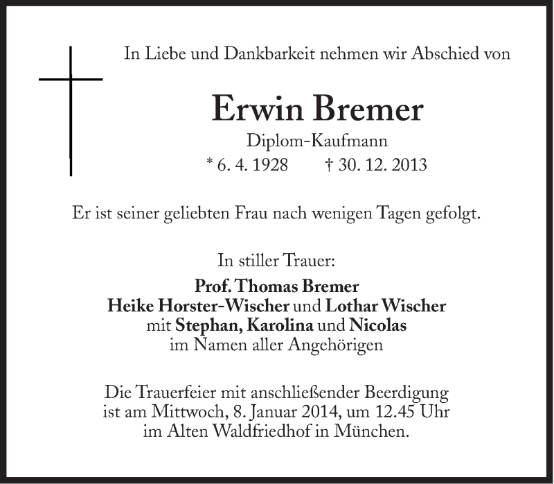 Traueranzeigen Von Erwin Bremer Sz Gedenken De