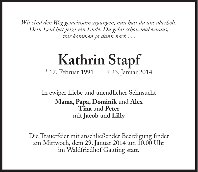  Traueranzeige für Kathrin Stapf vom 27.01.2014 aus Süddeutsche Zeitung