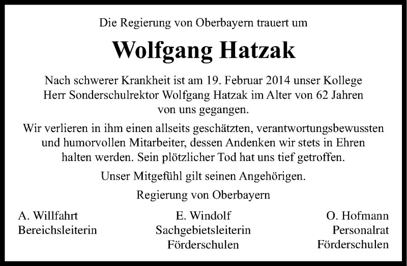  Traueranzeige für Wolfgang Hatzak vom 24.02.2014 aus Süddeutsche Zeitung