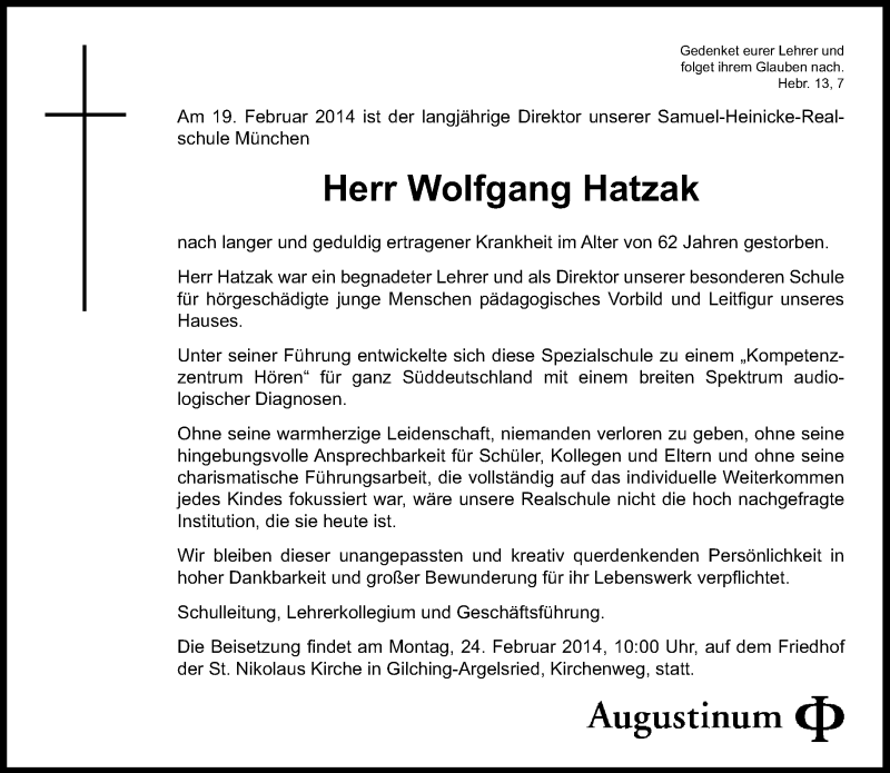  Traueranzeige für Wolfgang Hatzak vom 22.02.2014 aus Süddeutsche Zeitung