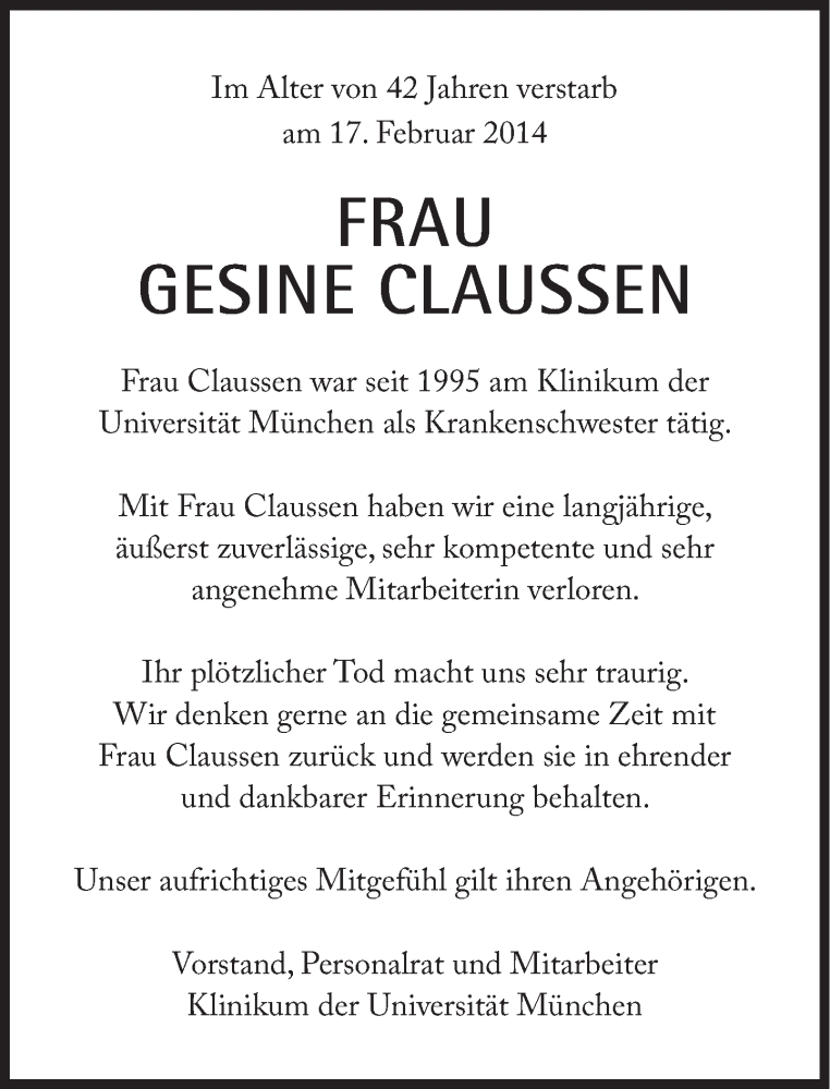  Traueranzeige für Gesine Claussen vom 25.02.2014 aus Süddeutsche Zeitung
