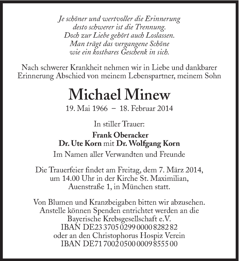  Traueranzeige für Michael Minew vom 01.03.2014 aus Süddeutsche Zeitung