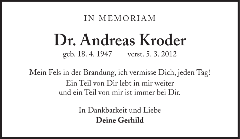  Traueranzeige für Andreas Kroder vom 05.03.2014 aus Süddeutsche Zeitung
