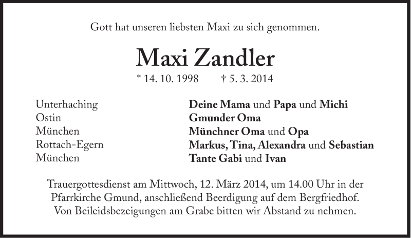  Traueranzeige für Maxi Zandler vom 10.03.2014 aus Süddeutsche Zeitung