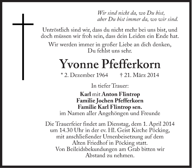  Traueranzeige für Yvonne Pfefferkorn vom 29.03.2014 aus Süddeutsche Zeitung