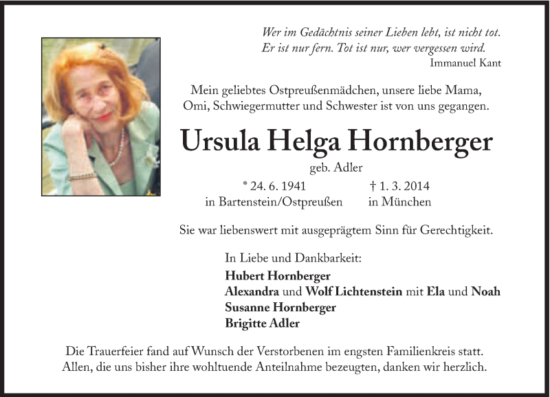  Traueranzeige für Ursula Helga Hornberger vom 29.03.2014 aus Süddeutsche Zeitung
