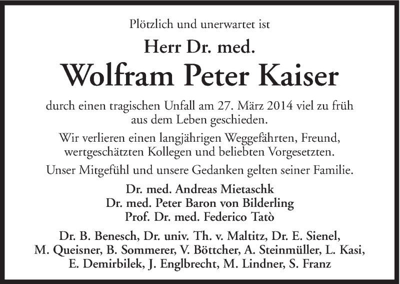  Traueranzeige für Wolfram Kaiser vom 01.04.2014 aus Süddeutsche Zeitung