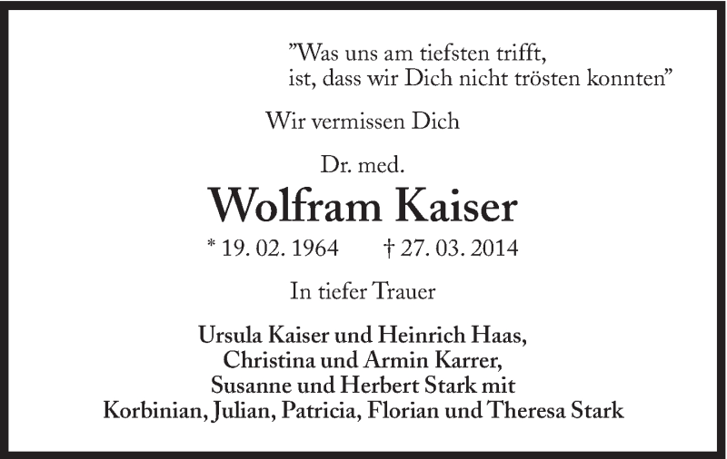 Traueranzeige für Wolfram Kaiser vom 01.04.2014 aus Süddeutsche Zeitung