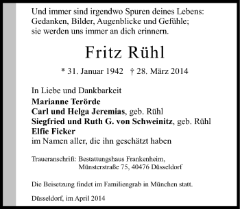 Traueranzeige von Fritz Rühl von Süddeutsche Zeitung
