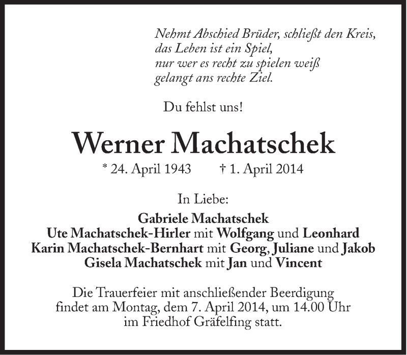  Traueranzeige für Machatschek Werner vom 05.04.2014 aus Süddeutsche Zeitung