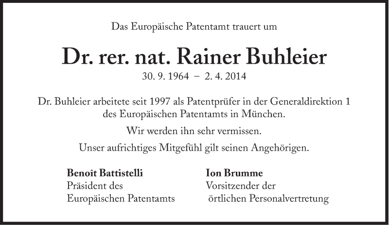  Traueranzeige für Rainer Buhleier vom 09.04.2014 aus Süddeutsche Zeitung
