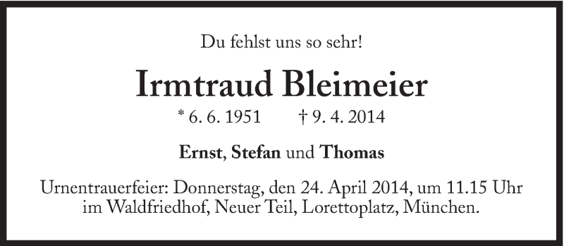  Traueranzeige für Irmtraud Bleimeier vom 12.04.2014 aus Süddeutsche Zeitung