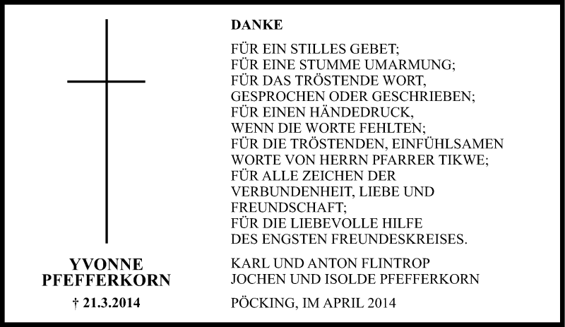  Traueranzeige für Yvonne Pfefferkorn vom 12.04.2014 aus Süddeutsche Zeitung