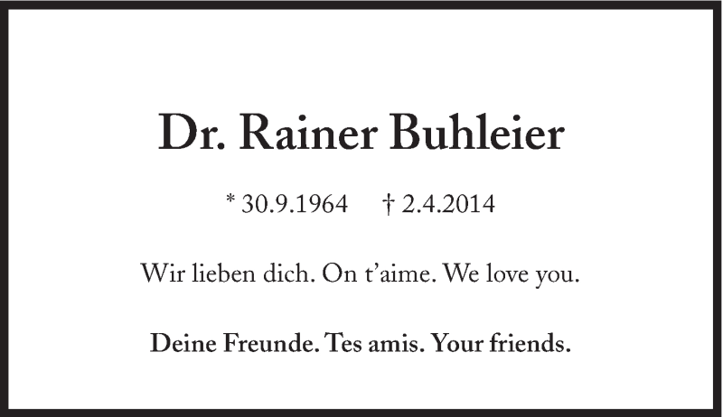  Traueranzeige für Rainer Buhleier vom 12.04.2014 aus Süddeutsche Zeitung