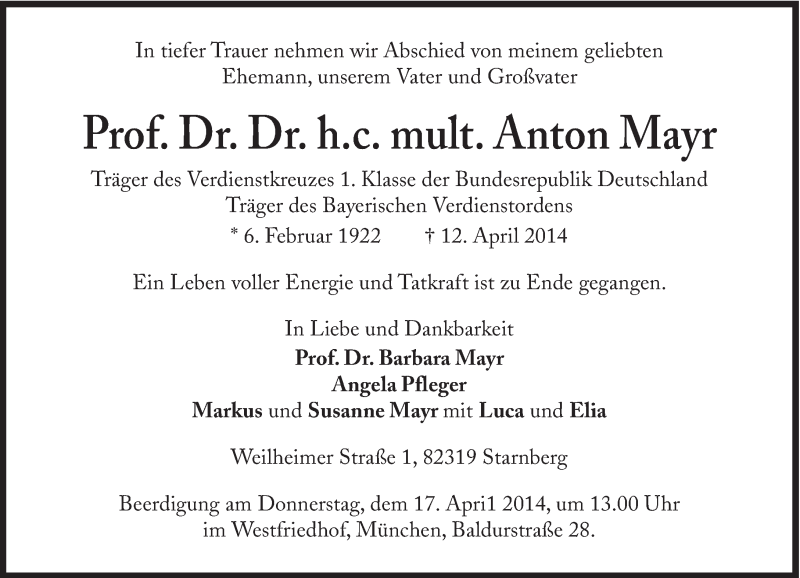  Traueranzeige für Anton Mayr vom 15.04.2014 aus Süddeutsche Zeitung