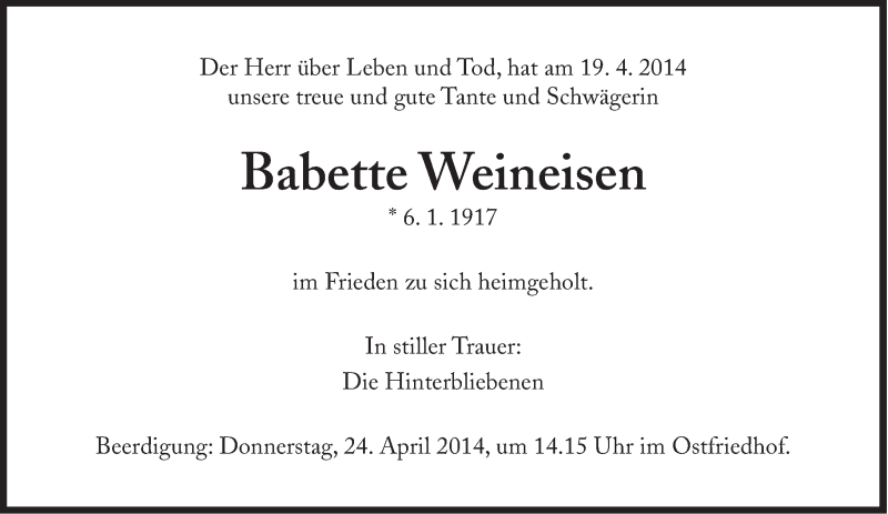  Traueranzeige für Babette Weineisen vom 21.04.2014 aus SZ Trauer