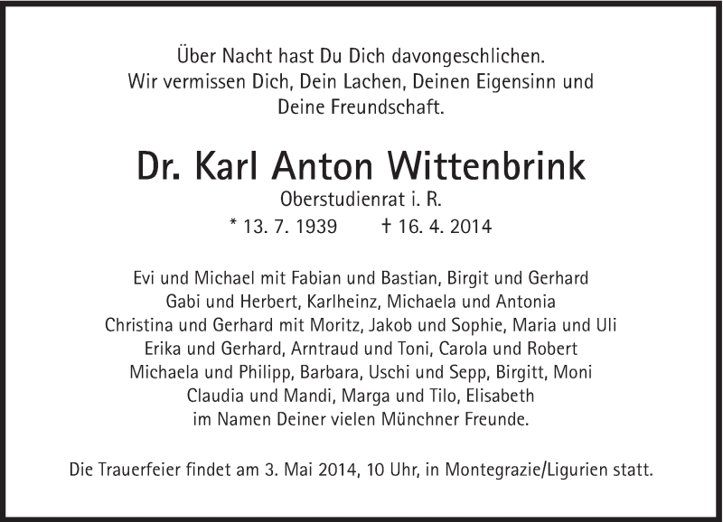 Traueranzeige für Karl Anton Wittenbrink vom 26.04.2014 aus Süddeutsche Zeitung